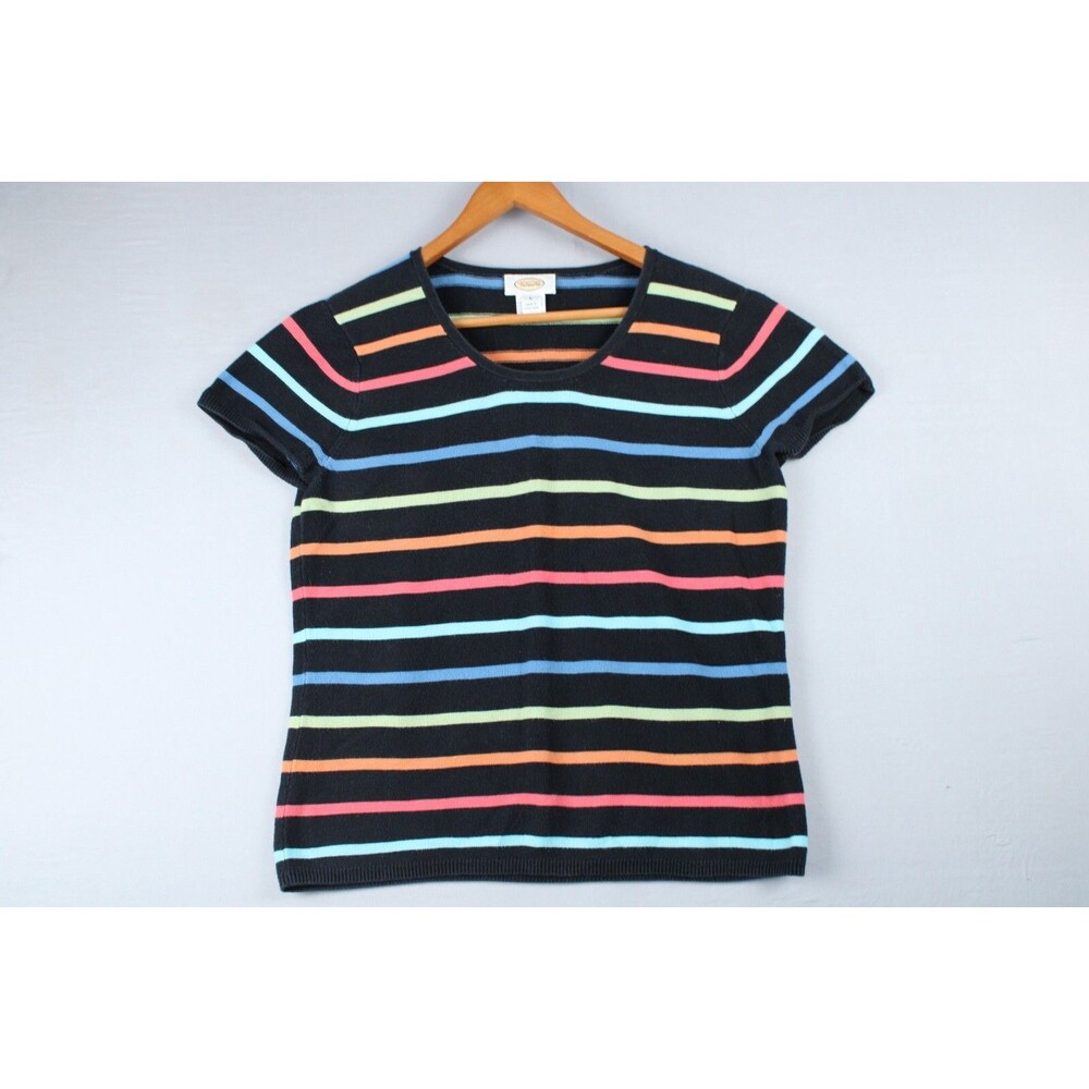 Vintage Talbots Women Top Large Black Multi Color Striped Short Sleeve U Neck